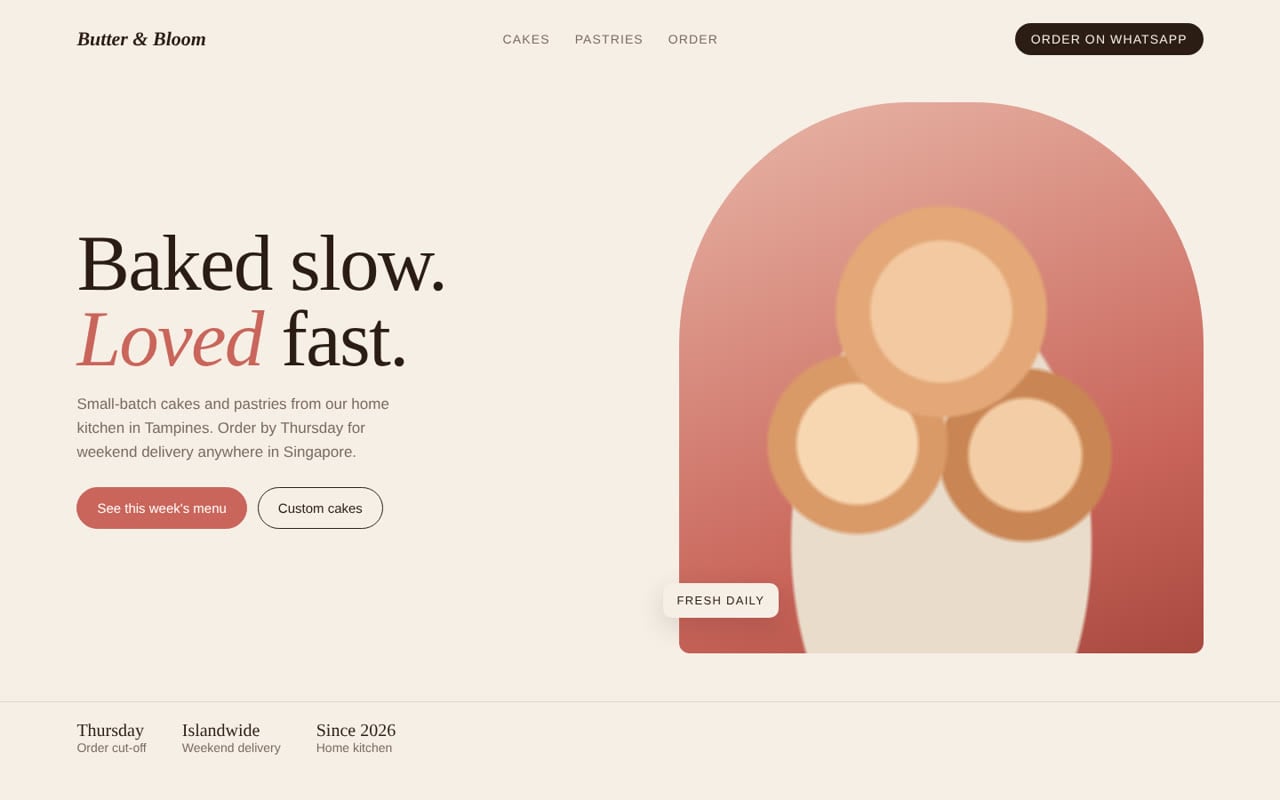 Butter and Bloom concept website on a laptop: headline Baked slow, loved fast, with an order on WhatsApp button